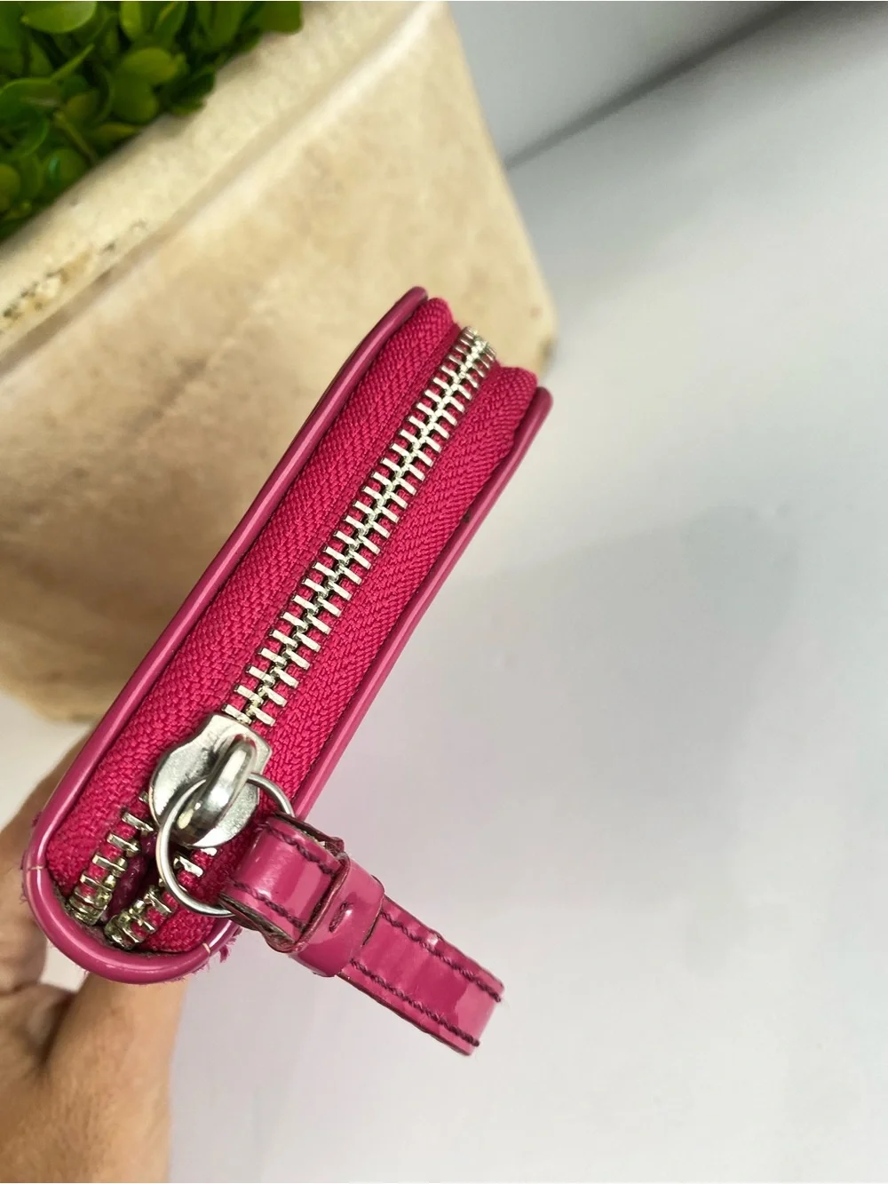 Coach Pink Signature Patent Leather Wallet with Heart Pendant